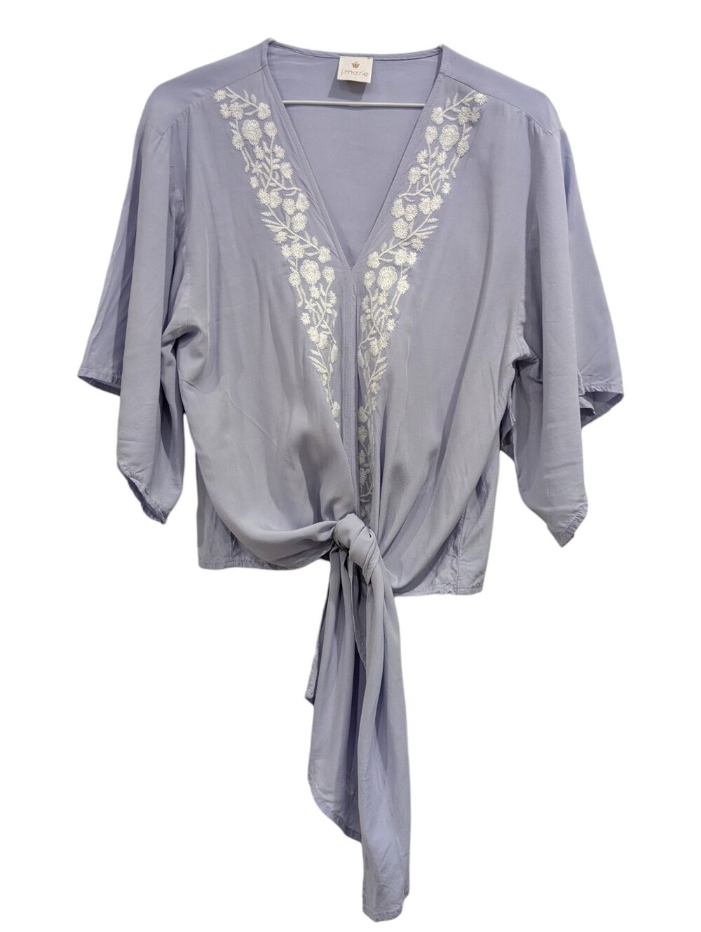 J. Marie Pastel Blue Embroidered Top V-Neck Boho Tie Waist Blouse Size S